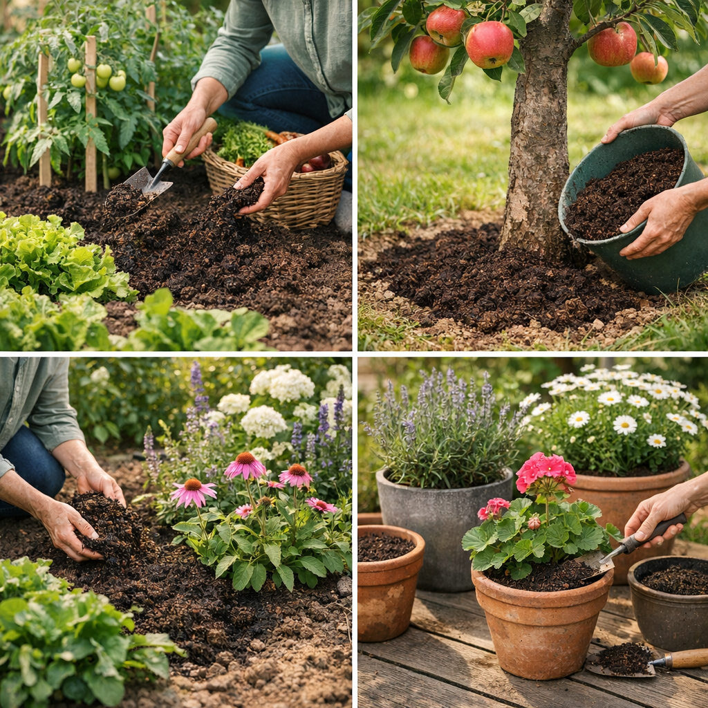 Comment utiliser le compost selon les endroits : potager, fruitiers, jardin d’agrément, pots et jardinières