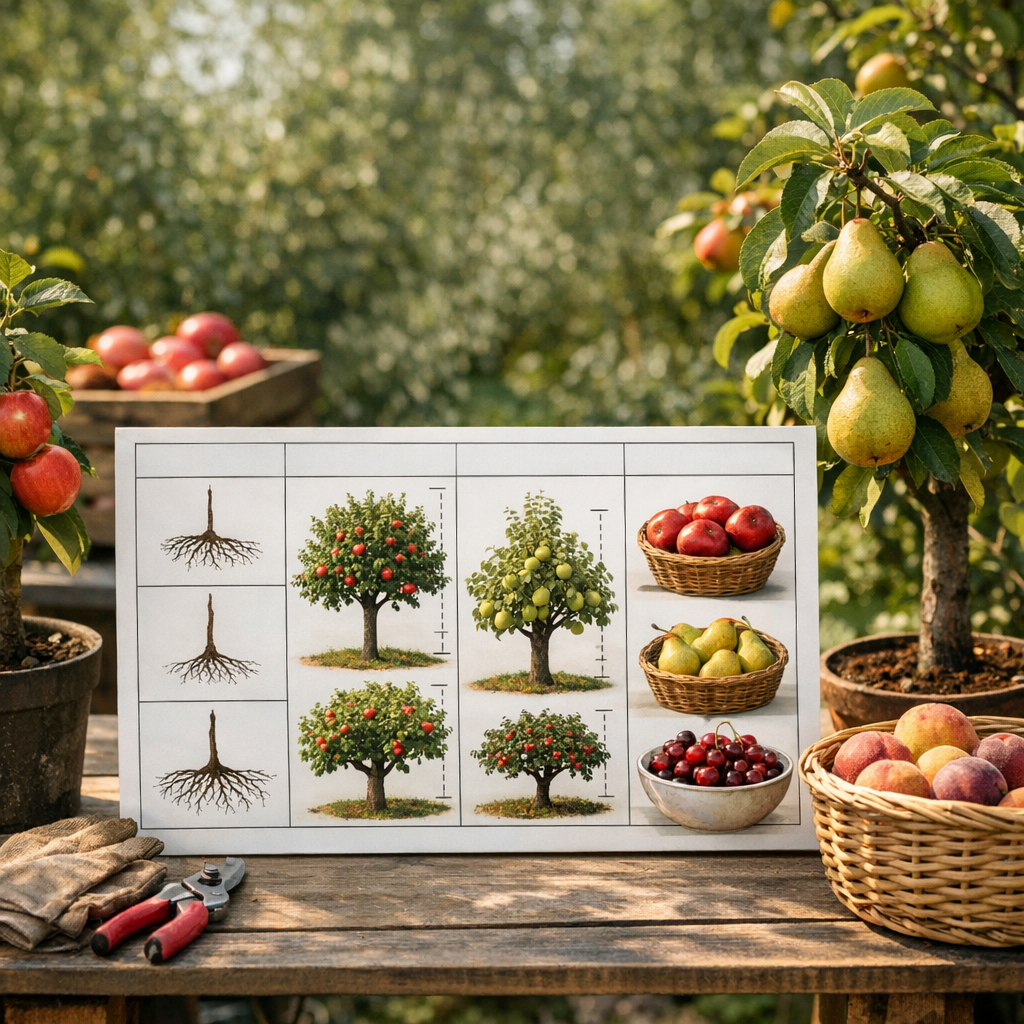 Quel arbre fruitier nain choisir : le tableau utile par porte-greffe, taille adulte réelle et récolte espérée