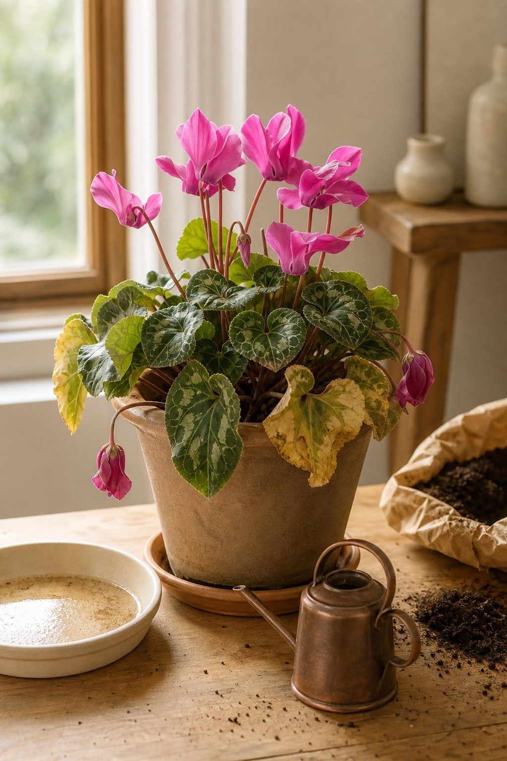 Cyclamen avachi, feuilles jaunes ou tiges molles : corriger l'arrosage