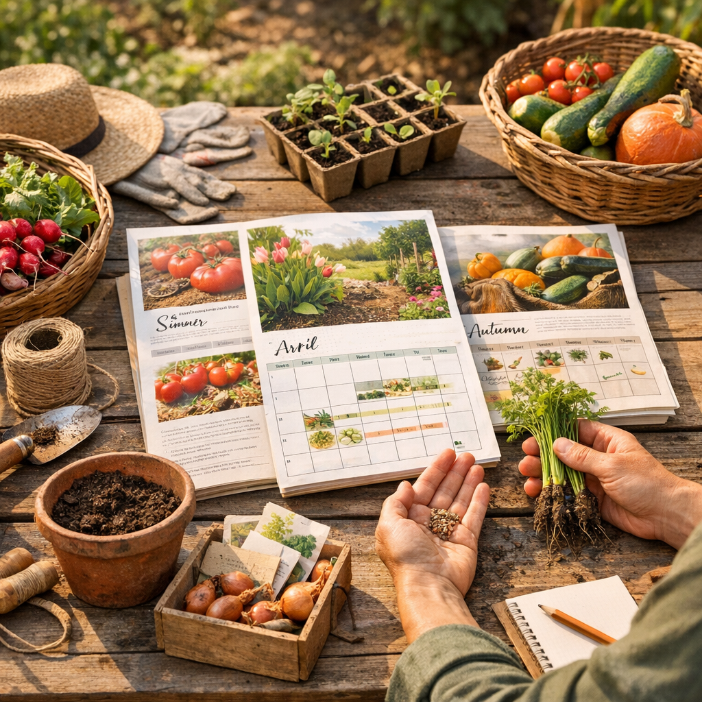 Le calendrier du potager 2026 mois par mois, avec gestes utiles, semis, plantations et récoltes