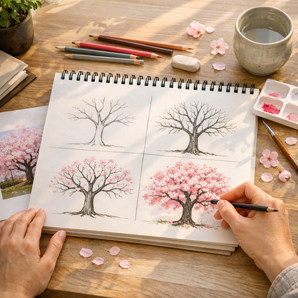 Comment dessiner un arbre de cerisier facilement, étape par étape