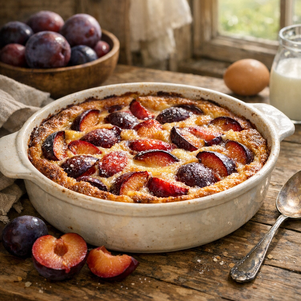 Le Clafoutis aux prunes de grand-mère se réussit comme un flan