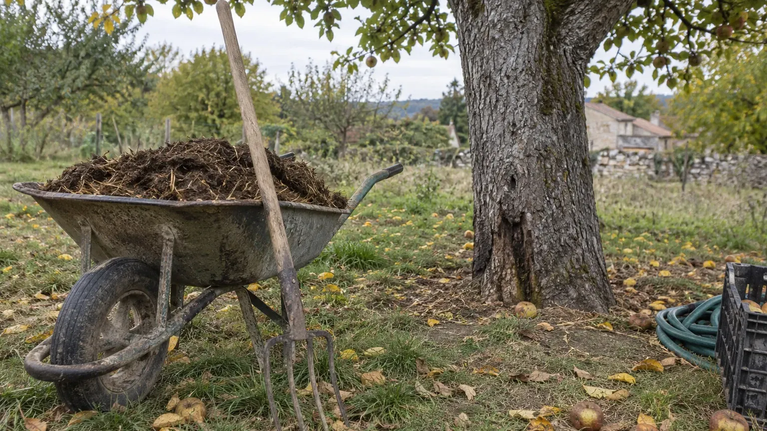 Fumier frais au pied des pommiers en octobre : pourquoi l'écorce noircit avant le printemps, et le bon geste à adopter
