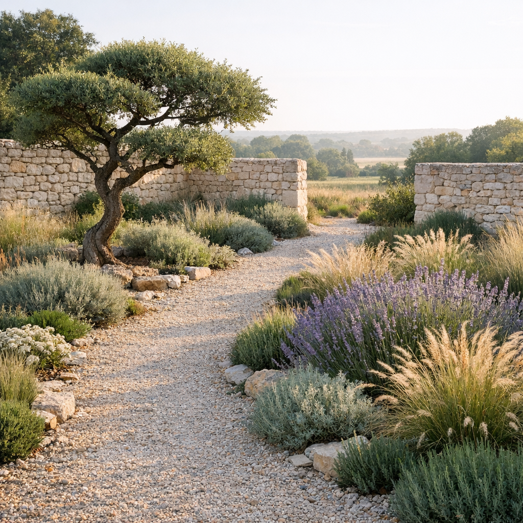 Jardin sec contemporain : idées, plantes et plan durable