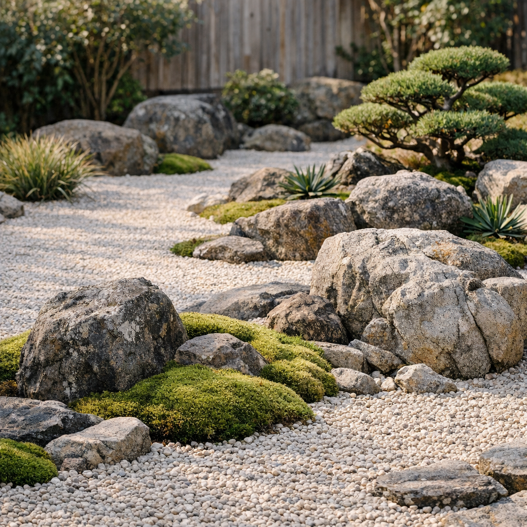 Les éléments clés d’un jardin sec réussi : gravier, rochers, mousse et plantes sobres