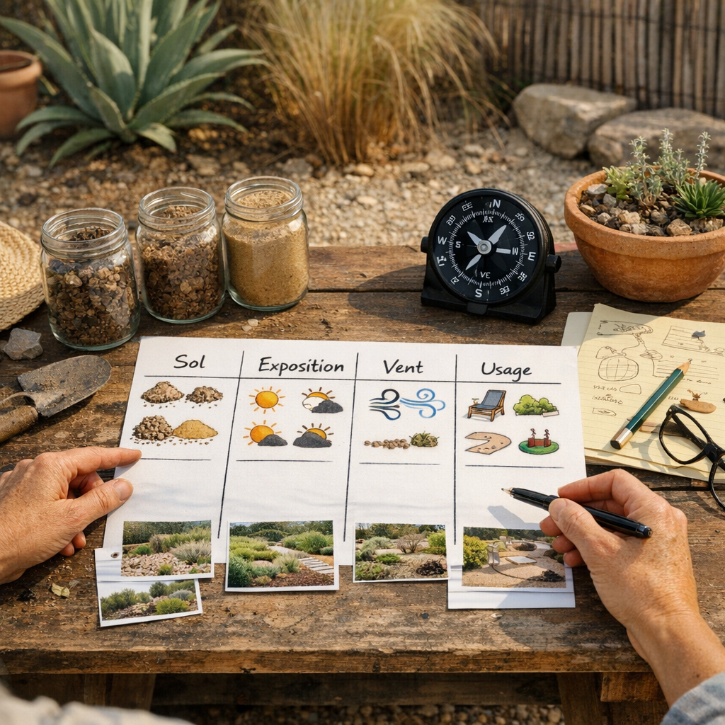 Comment faire un jardin sec ? La matrice de choix sol, exposition, vent et usage avant de planter