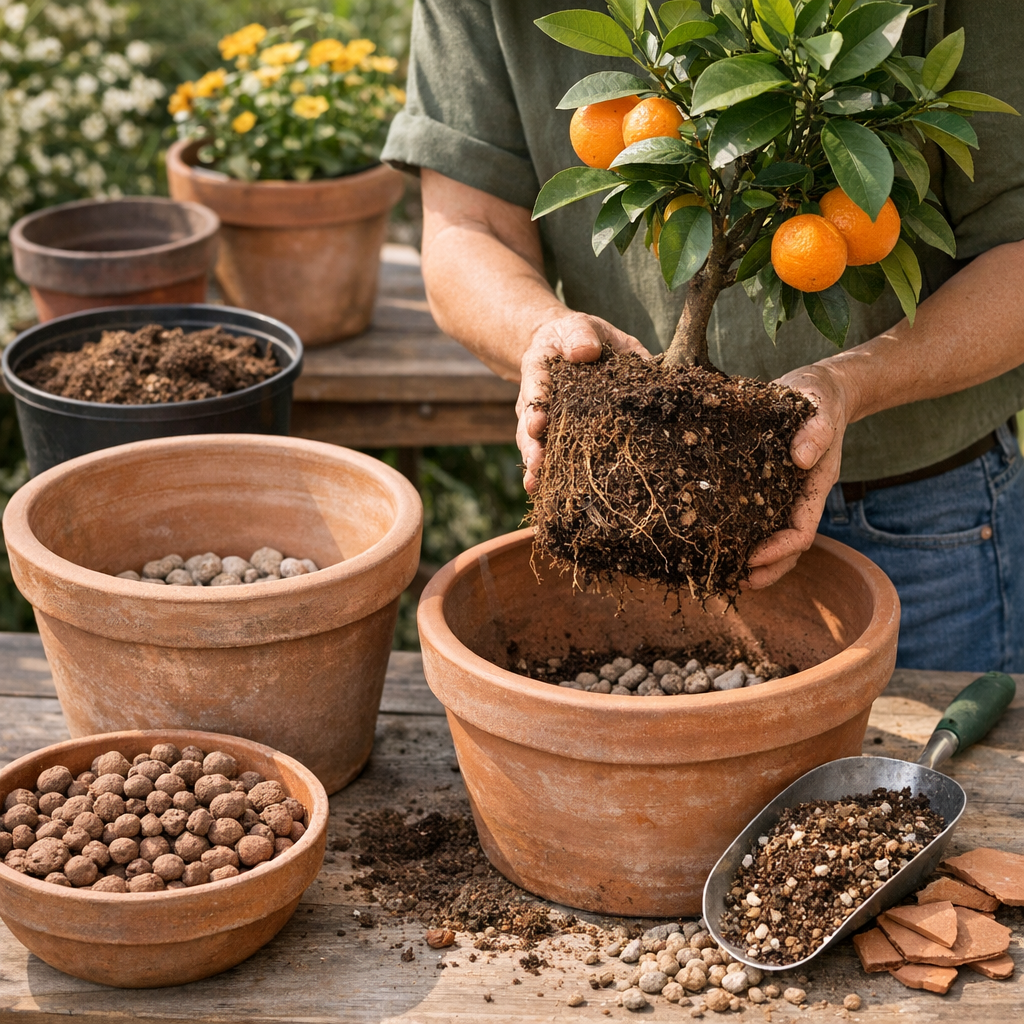 Planter un oranger en pot sans se tromper : taille du contenant, substrat drainant, drainage et rempotage utile