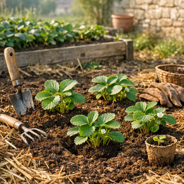 Jeunes fraisiers prêts à planter au potager