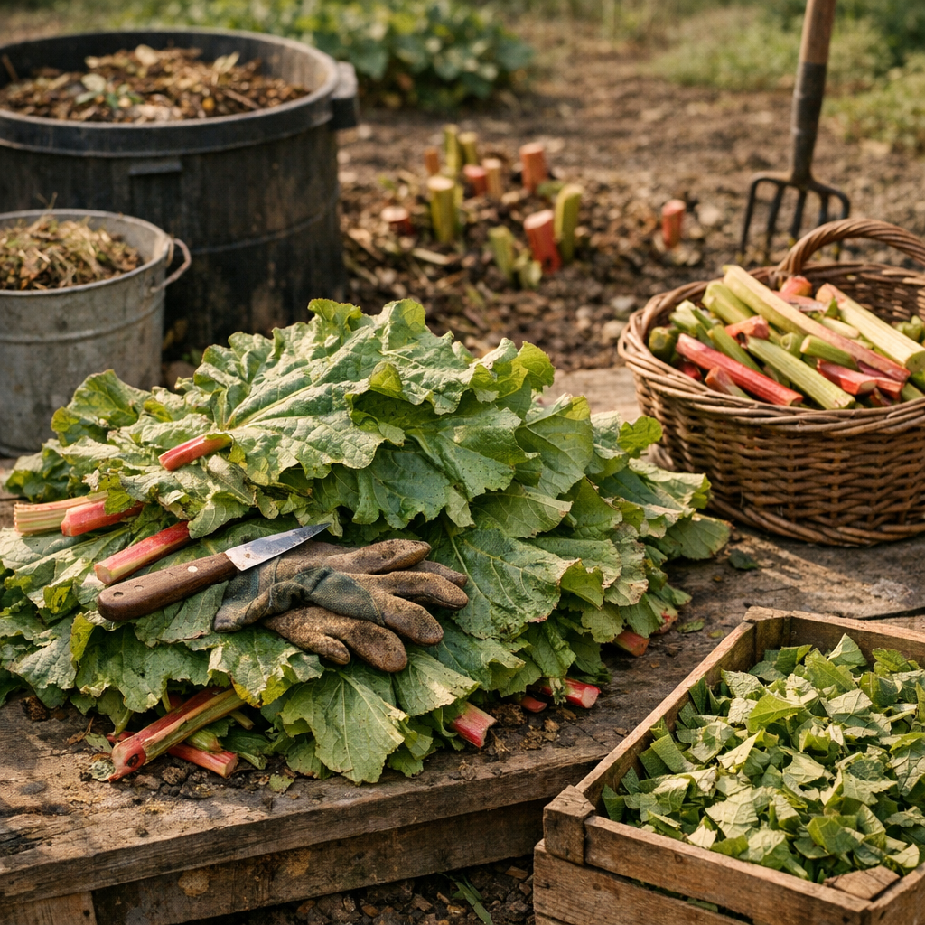 Feuilles de rhubarbe après la récolte : les jeter, les composter, ou les préparer avant compost ?