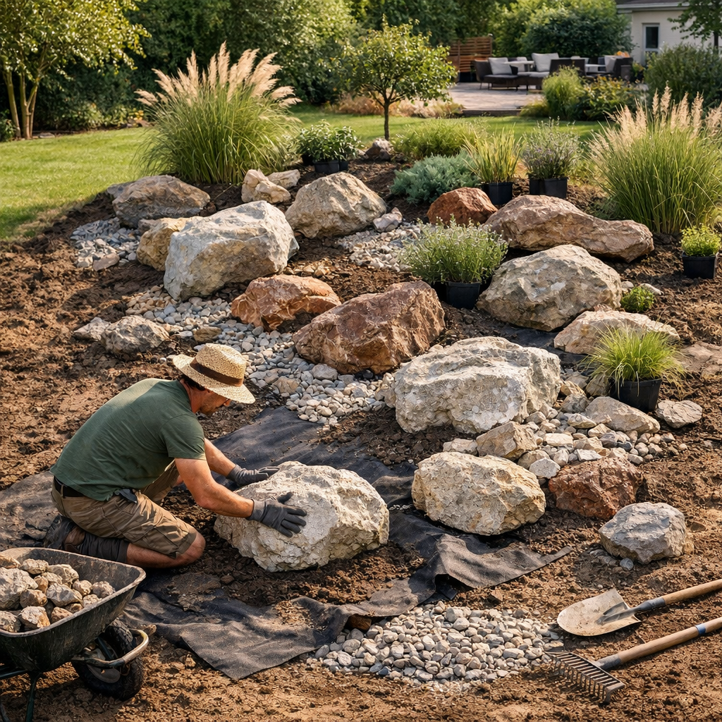 Comment faire une rocaille dans son jardin : méthode simple du terrain aux grosses pierres