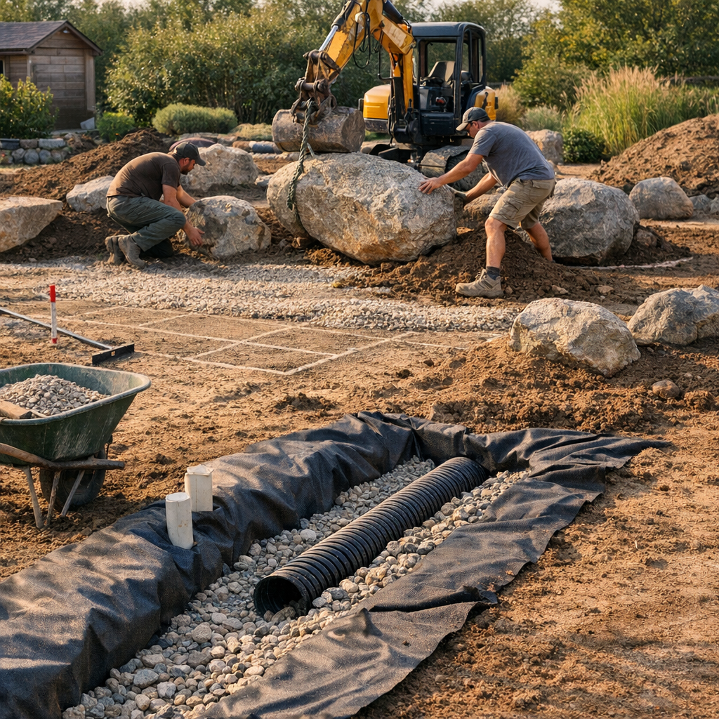 Préparer le terrain : drainage, volume et implantation des grosses pierres